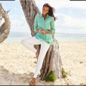 Talbots Linen Boyfriend Shirt - Firefly Stripe Button Down Size L